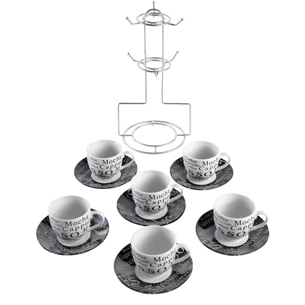 Espresso Porcelain Saucer Set, 13PC Cups Stand, White/Black. Never used.